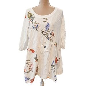 Made in Italy M Floral Patchwork Gauze Tunic Top White Boho Cotton Art Lagenlook